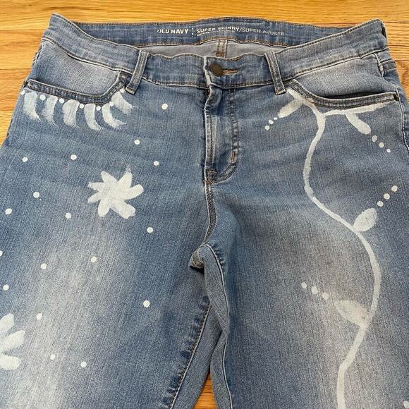 Hand reverse dyed painted flowers vines Jeans size 12 skinny - Picture 3 of 10